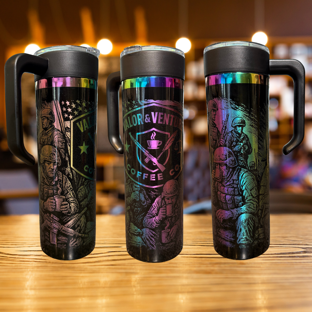 Tactical Titan — Electroplated 20oz Tumbler w/ Handle ⚡