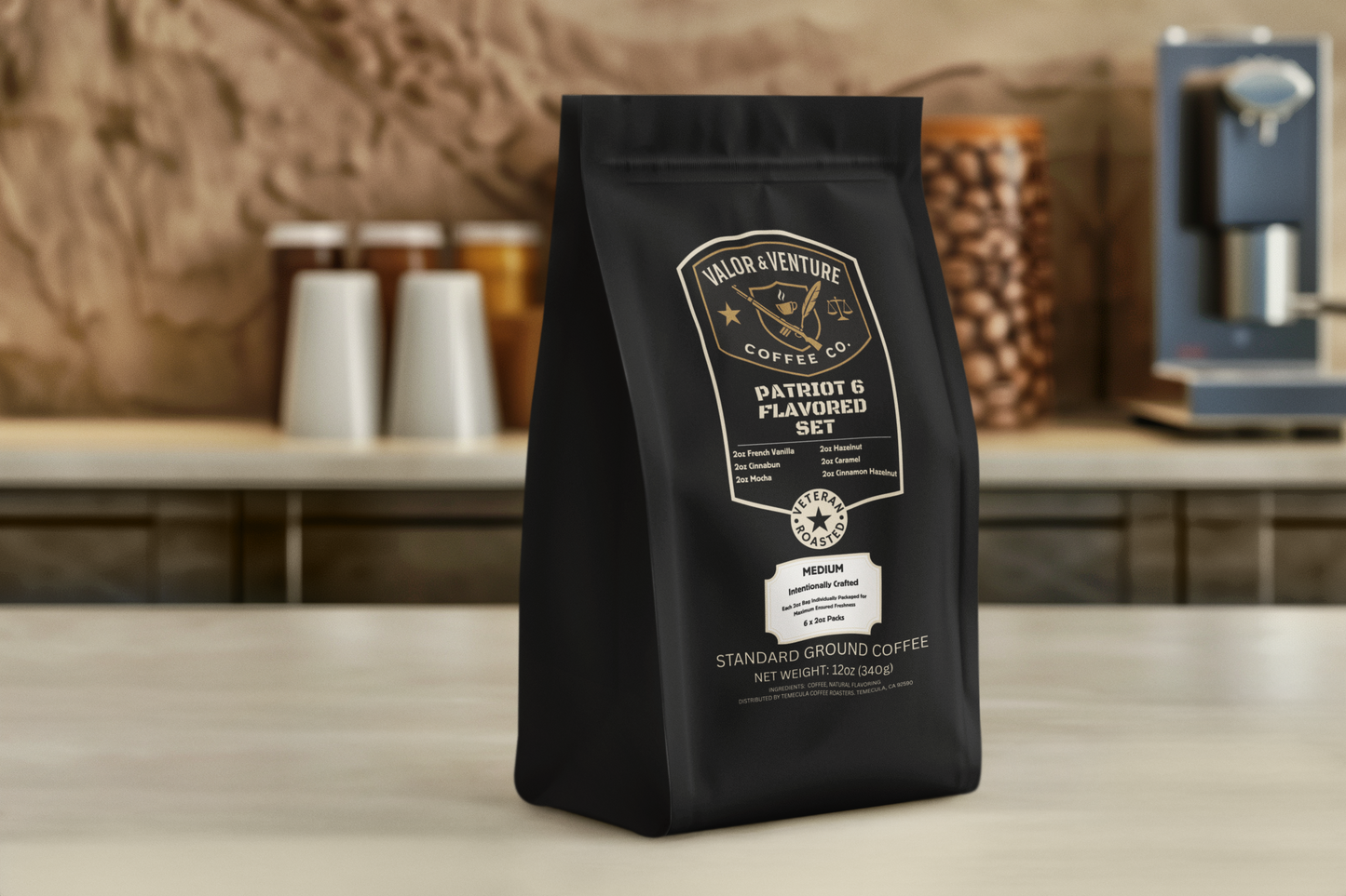 Patriot 6 - French Vanilla, Hazelnut, Cinnabun, Caramel, Mocha, Cinnamon Hazelnut (6 x 2oz each)